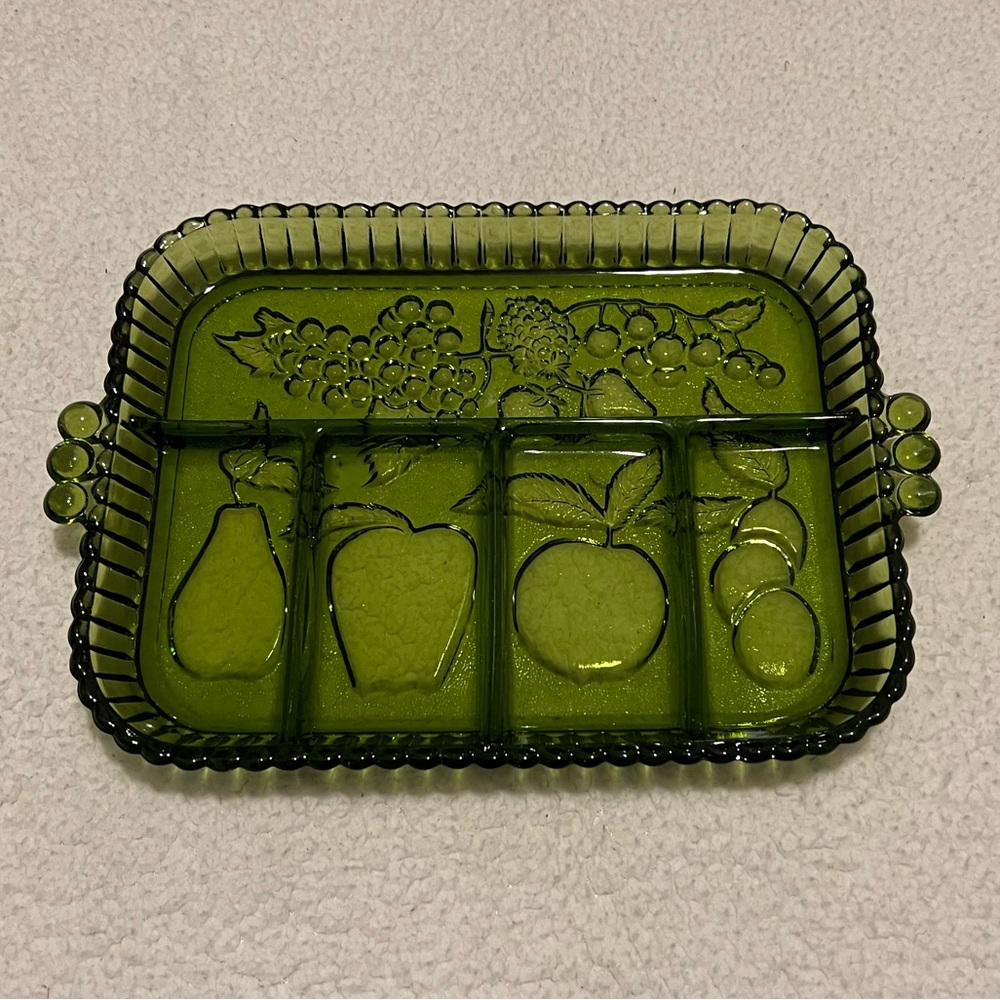 Vintage Green Indiana Glass divided serving tray platter
